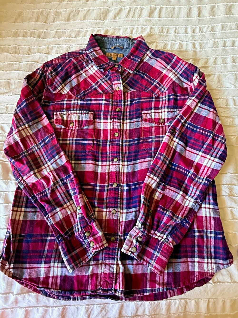 Jachs Girlfriend womensPlaid Flannel Anchor Stretch Button-Up L Red Blue Pockets